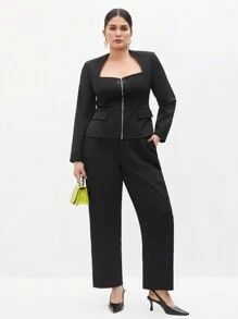 BizChic Conjunto De Top De Manga Larga Con Cremallera Frontal Y Pantalones De Talla Grande - Negro - Ver 4