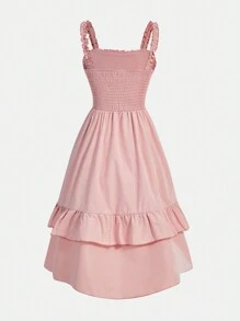 SHEIN Tween Girls' Casual And Cute Asymmtrical Hem Ruffle Trimmed Pleated Spaghetti Strap Dress