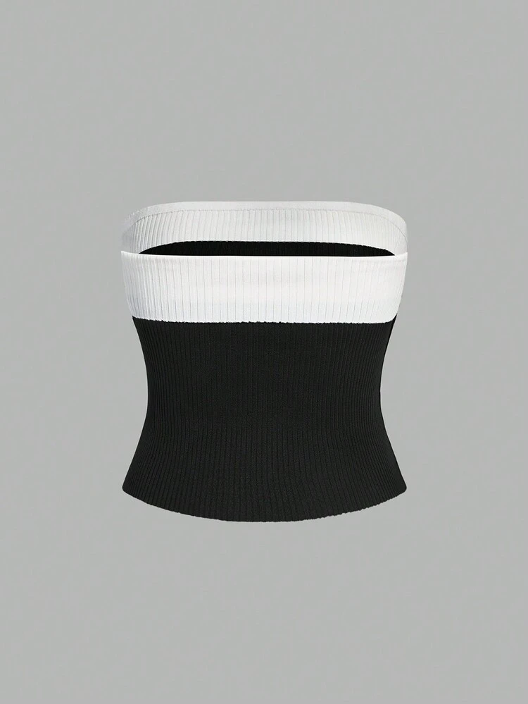 Plus Size Black And White Color-Blocking Ballet Style Knitted Tank Top