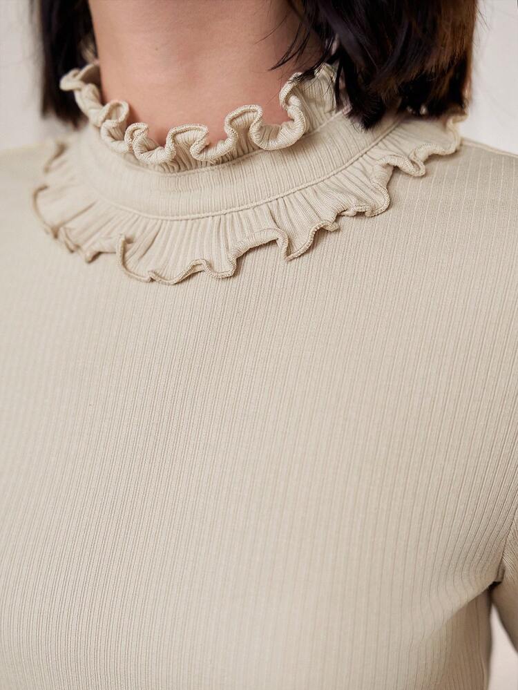 Solid Color Ruffle Collar Ribbed Texture Knit Short Sleeve T-Shirt Winter Casual