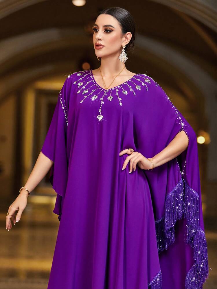 Women's Turkish Robe Elegant Kaftan With Patchwork, Tassel And Rhinestone Decoration, Elegant Luxury Evening Party Style
