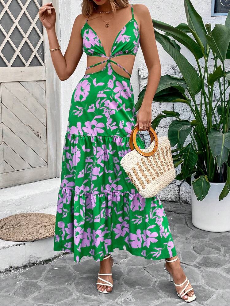 Women's Floral Print Hollow Out Waist Dress