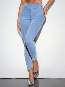 SHEIN BAE Giải trí Khóa kéo phía sau Denim Quần jean - Màu xanh lam - Xem 3