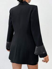 RueChic Shawl Collar Diamond With Fringed Edge Blazer Jacket - Black and White - View 2