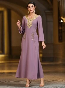 Al Najma Purple Rhinestone Decor Long Sleeve Maxi Modest Dress Arabian Dress Kaftan Jalabiya Dress - Dusty Purple - View 1