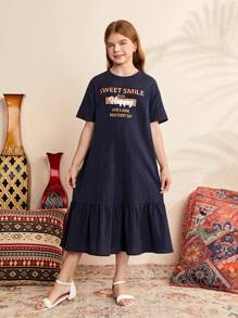 SHEIN Cô gái Tween Lỏng lẻo phù hợp Ngắn tay Vòng cổ Đầm Midi Với In thư - Màu xanh hải quân - Xem 6