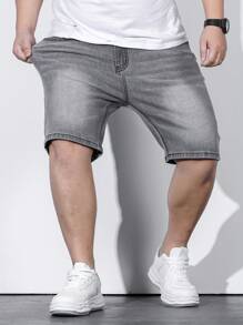 Manfinity Homme Men Plus Cotton Bleach Wash Bermuda Denim Shorts - Grey - View 3