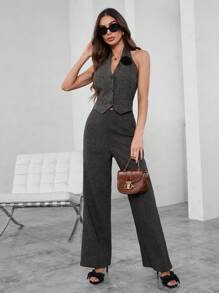 GENKIRA Women's Button Up Backless Halter Neck Vest Suit Jacket & Pants Set - Black - View 3