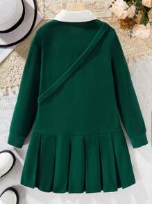Tween Girl Color Block Collared Sweatshirt Dress With Pleated Hem, College Style, Comes With Bag