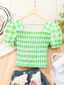 Blusa Para Adolescente Menina, Camisa Verde Xadrez Com Manga Curta Puff E Cintura Elástica Para O Verão