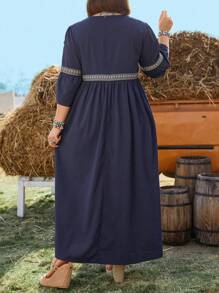 SHEIN LUNE 加大尺碼女士拼接編織帶休閒長款嬰娃裝連身裙 - 藍色 - 查看 2