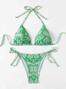 Ellen Morse Artist Floral Print Halter Neck Tie Bikini Set - Multicolor - View 3