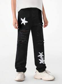 Tween Boys' Street Style Cool Ripped & Distressed Jeans With Elastic Waistband And Star Printed Design - Black - View 3