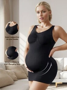 Maternity Seamless High-Elasticity Soft Skin-Friendly Tank Top With Belly Support - Black - View 3