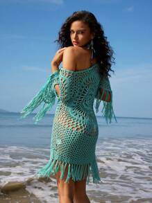 Anewsta Phong cách bãi biển Ren Móc sự thêu Váy dây Với Thiết kế rỗng & Sản phẩm chăm sóc cá nhân Màu xanh lá Tua viền - Màu xanh Bạc hà - Xem 3