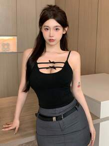 DAZY 蝴蝶結裝飾的肋骨針織背心上衣