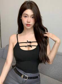 DAZY 蝴蝶結裝飾的肋骨針織背心上衣