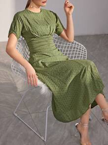 Modelyn Ladies' Solid Color Texture Pleated Waist Dress