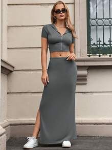 SHEIN EZwear Women's Grey Knitted Zip Front Short Sleeve Hoodie And Bodycon Skirt Set - Grey - View 1