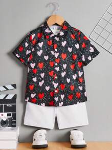 SHEIN Young Boys' Cute Loose-Fit Heart Print Shirt And Solid Color Shorts Set - White - View 7