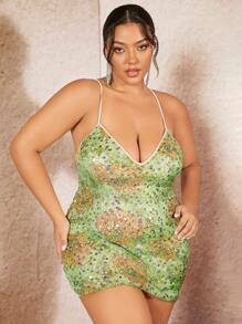 SHEIN BAE Plus Size Women's Floral Print Strappy Back Glitter Detail Cami Dress - Multicolor - View 3
