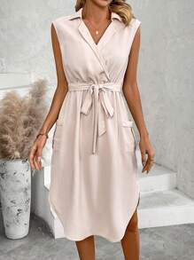 SHEIN LUNE Quý cô Màu thuần Túi đôi Đầm - Màu Khaki - Xem 3