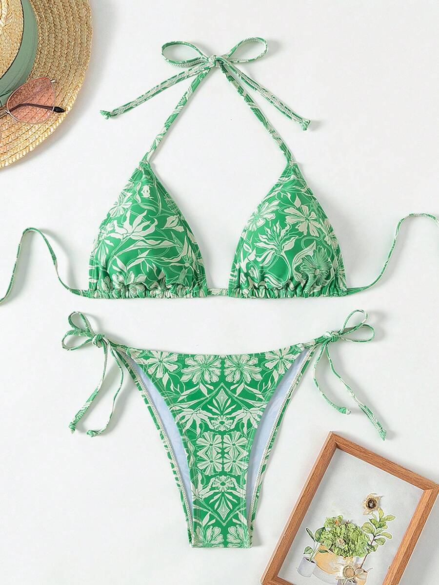 Ellen Morse Artist Floral Print Halter Neck Tie Bikini Set - Multicolor - View 1