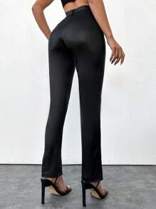 RueChic High-Waisted Slit And Flared Hem Pants - Black - View 2