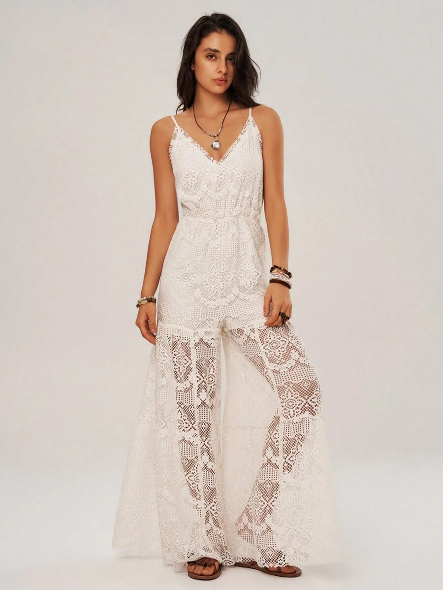 Bohemela Vacation Lace Spaghetti Strap Flared Jumpsuit - Apricot - View 1