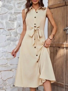 SHEIN LUNE Của phụ nữ Không tay Váy sơ mi Với Single-breasted Nút Khép kín - Màu be - Xem 1