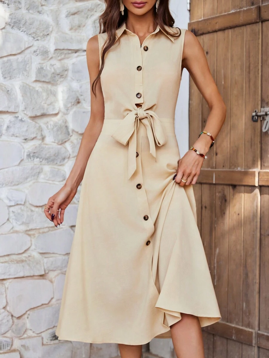 SHEIN LUNE Của phụ nữ Không tay Váy sơ mi Với Single-breasted Nút Khép kín - Màu be - Xem 1