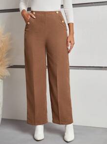 SHEIN Frenchy Quý cô Nút Đồ trang trí Quần ống rộng - màu nâu - Xem 1