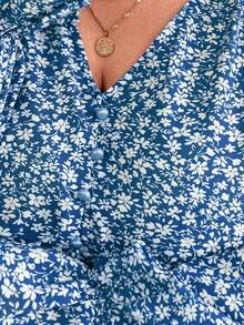 SHEIN Frenchy Kích thước lớn Của phụ nữ Hoa In Xù Hoa Sen Đầm - Màu xanh lam - Xem 5