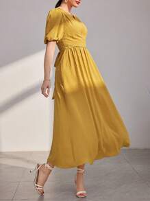 Modelyn Vestido de noche largo con mangas farol y cinturón, estilo árabe para mujer