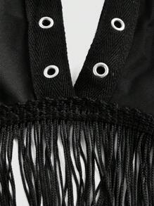 ROMWE Grunge Punk Plus Size Metal Eye Triangle Cup & Tassel Detail Halter Neck Bralette - Black - View 4