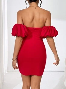 Chiquease Ladies' Bodycon Off Shoulder Dress With Beaded Heart Detail - Burgundy - View 2