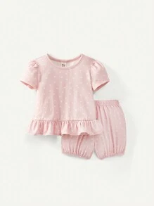 Cozy Pixies Baby Girls' Casual Knit Soft Ruffle Trim Round Neck Short Sleeve Top And Shorts 4pcs Set Matching Set - Apricot - View 3