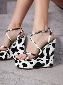 Women's Wedge Heel Thick Platform Sandals - Black and White - View 3