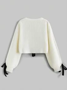 ROMWE Kawaii Áo len cardigan nữ trang trí nơ lụa phong cách ngọt ngào & đáng yêu, đi học - trắng - Xem 2