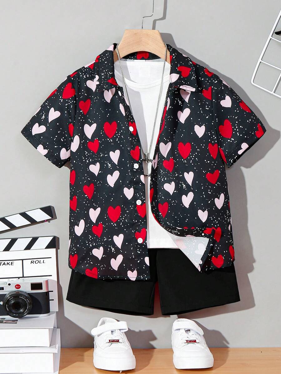 SHEIN Young Boy's Cute And Loose Heart Pattern Printed Shirt And Solid Color Shorts Set - Black - View 1