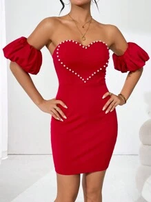 Chiquease Ladies' Bodycon Off Shoulder Dress With Beaded Heart Detail - Burgundy - View 7