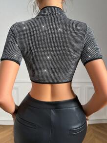 SHEIN Allurite Của phụ nữ Sườn xám Phong cách Lụa Có nút Ngắn tay Quần skinny Áo thun Với Sáng bóng Hiệu ứng - Bạc - Xem 2