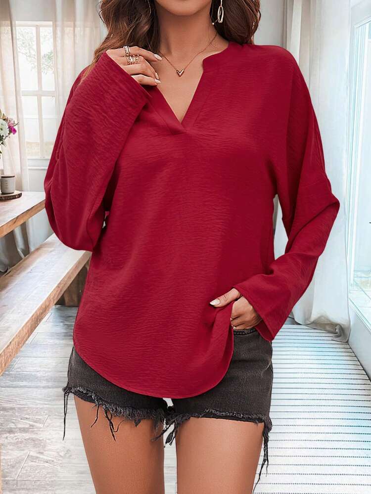 Ladies Solid Color Notched Neckline Shirt