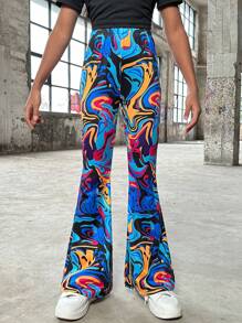 SHEIN Tween Girl Casual Knitted Graffiti Print High Waisted Flare Pants For Spring/Summer - Multicolor - View 4