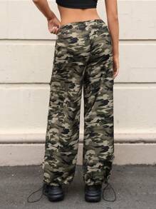SHEIN EZwear Women's Woven Camouflage Print Long Pants - Army Green - View 2