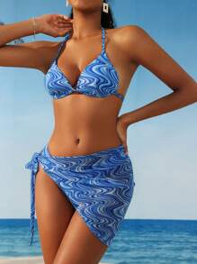 SHEIN Swim Summer Beach Women's Bikini Swimwear Set With Wave Pattern Print - Blue - View 3
