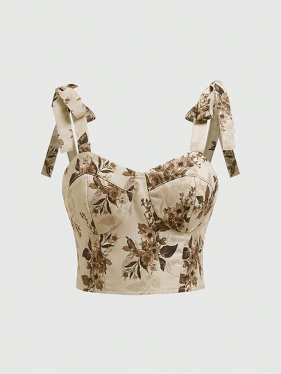 Fairycore Ladies' Floral Printed Strap Tank Top With Lace Up Detail