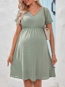 SHEIN Maternity Swiss Polka Dot Batwing Sleeves Belted Dress - Green - View 1