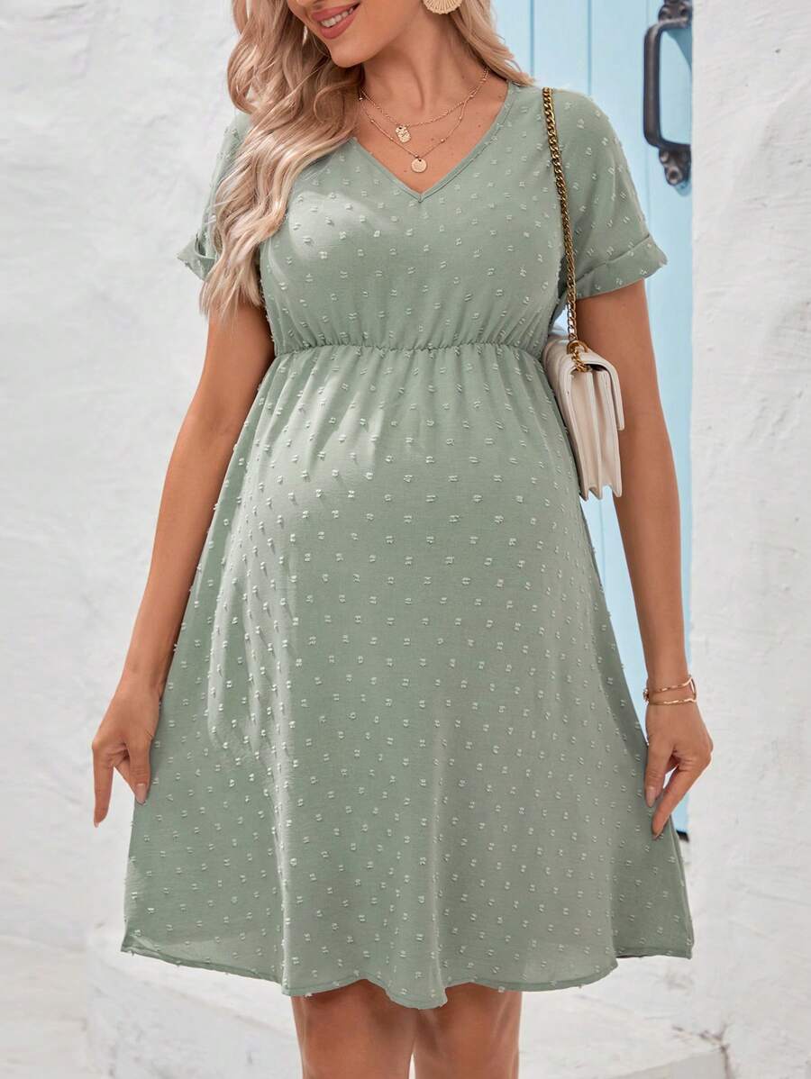 SHEIN Maternity Swiss Polka Dot Batwing Sleeves Belted Dress - Green - View 1