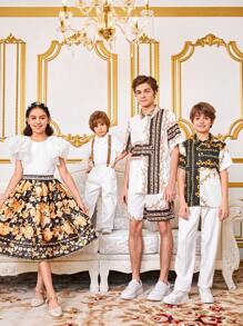 SHEIN 青少年男孩巴洛克印花襯衫和短褲套裝 - 彩色 - 查看 1